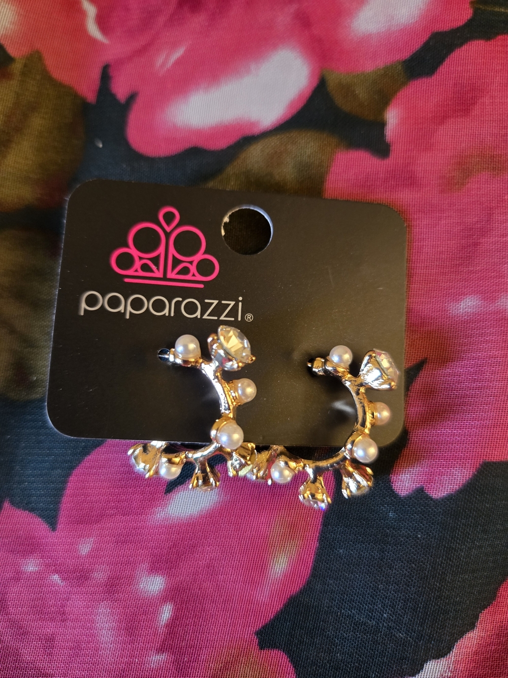 paparazzi Gold Pearl & Clear Crystal Vine Hoop Earrings
